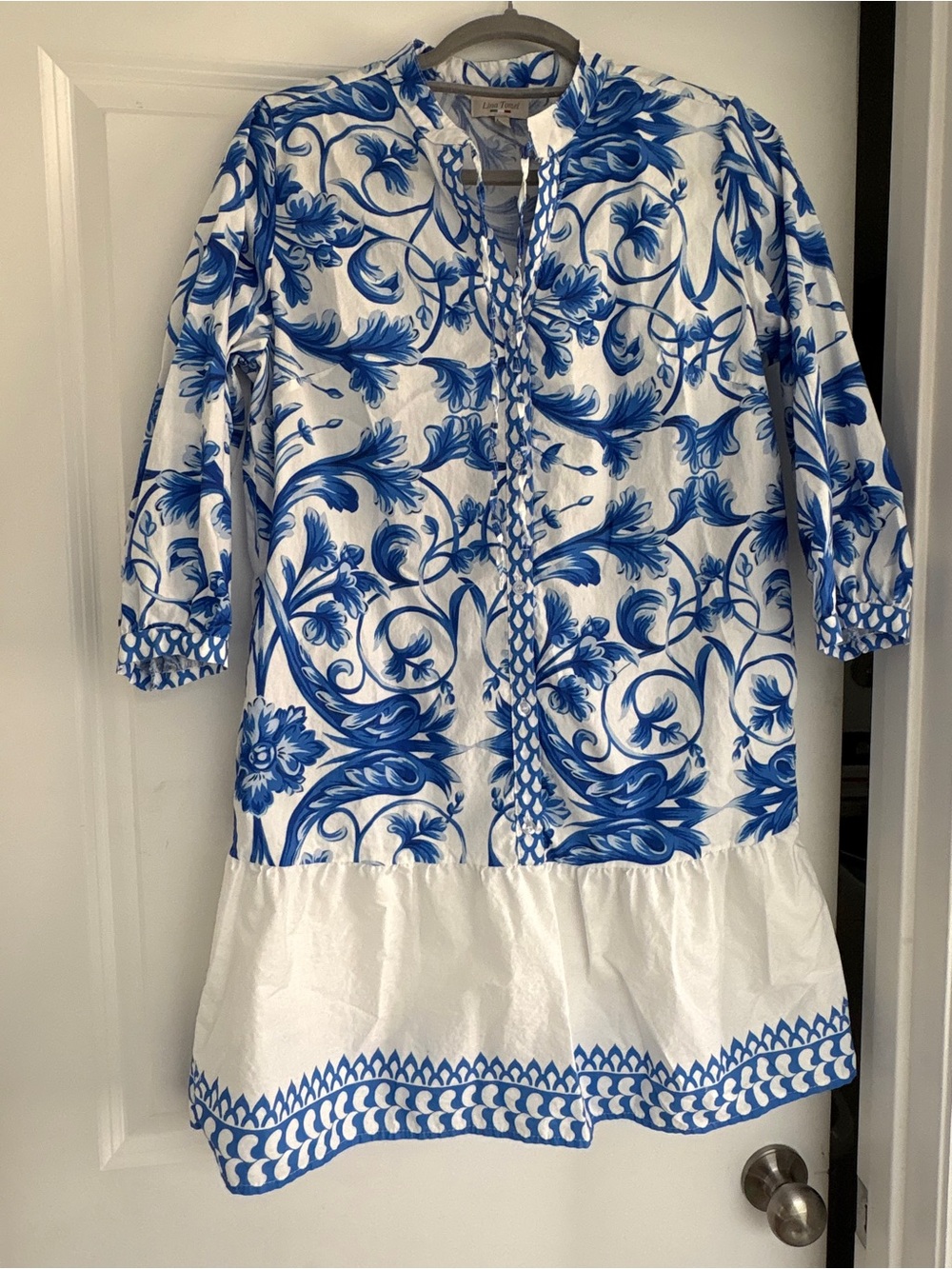 Lina Tomei White and Blue Floral Cotton Dress